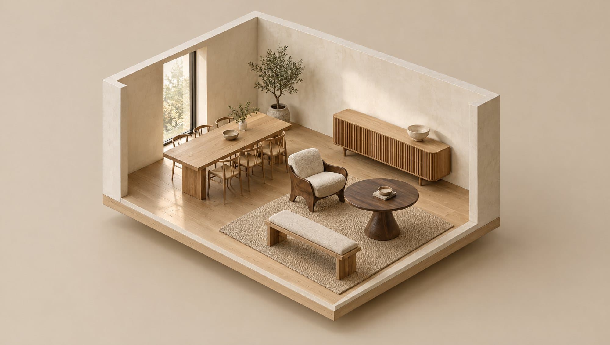 3D-Modell eines Showrooms mit Esstisch, Sessel, Sideboard, Beistelltisch und Bank