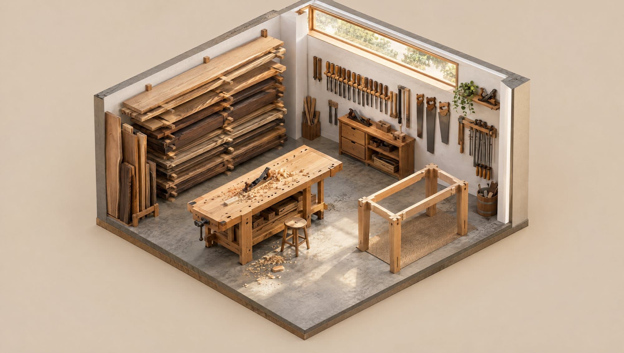 3D-Modell der Werkstatt mit Holzlager, Hobelbank, Werkzeugwand und Tischgestell