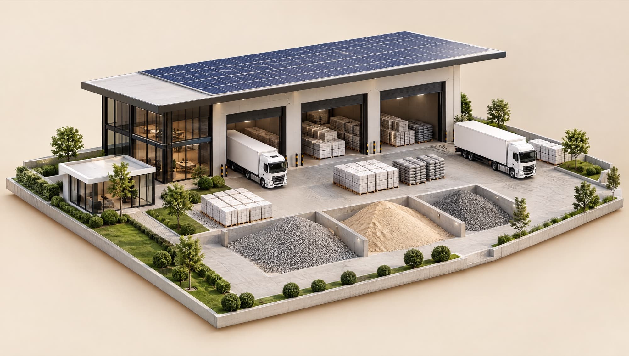 3D-Modell des Baustoffhofs mit Lagerhalle, Solardach, Paletten, Schüttgutboxen und Lkw
