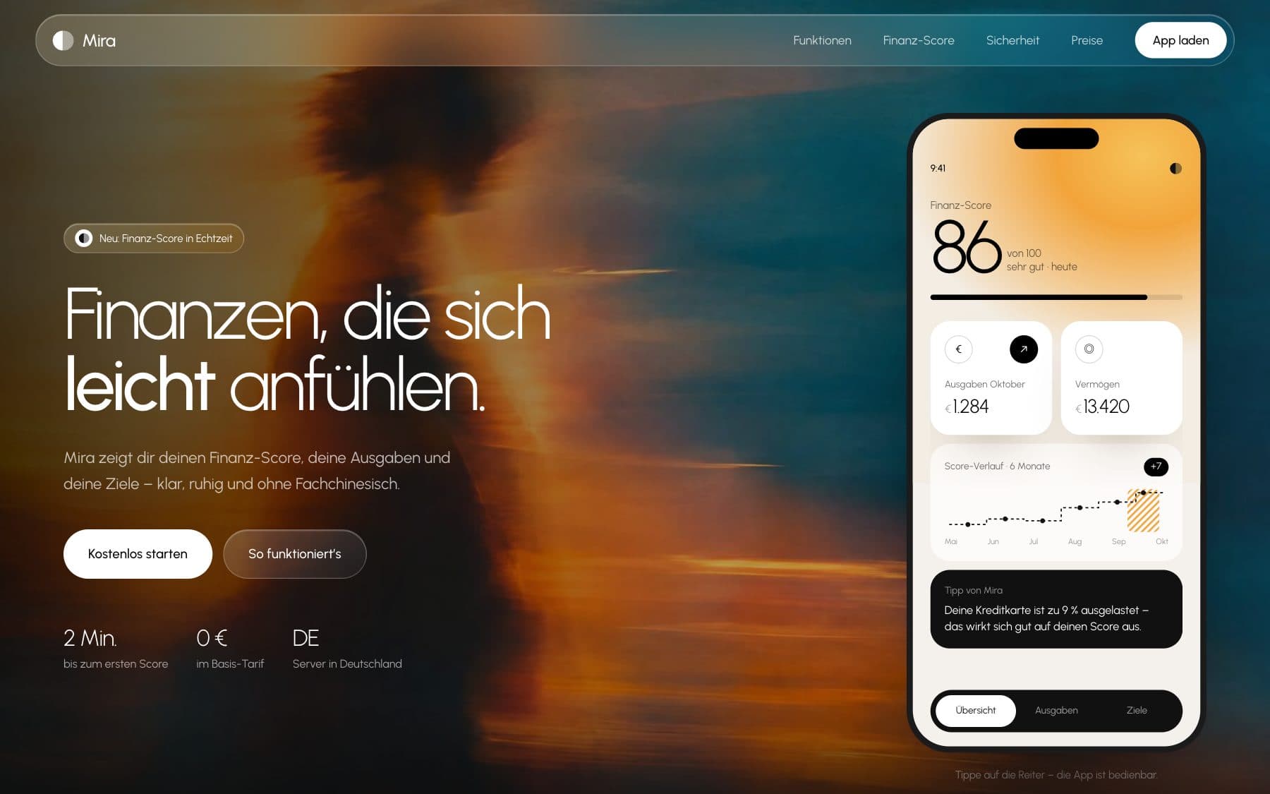 Website der fiktiven Finanz-App Mira mit bedienbarer App-Vorschau